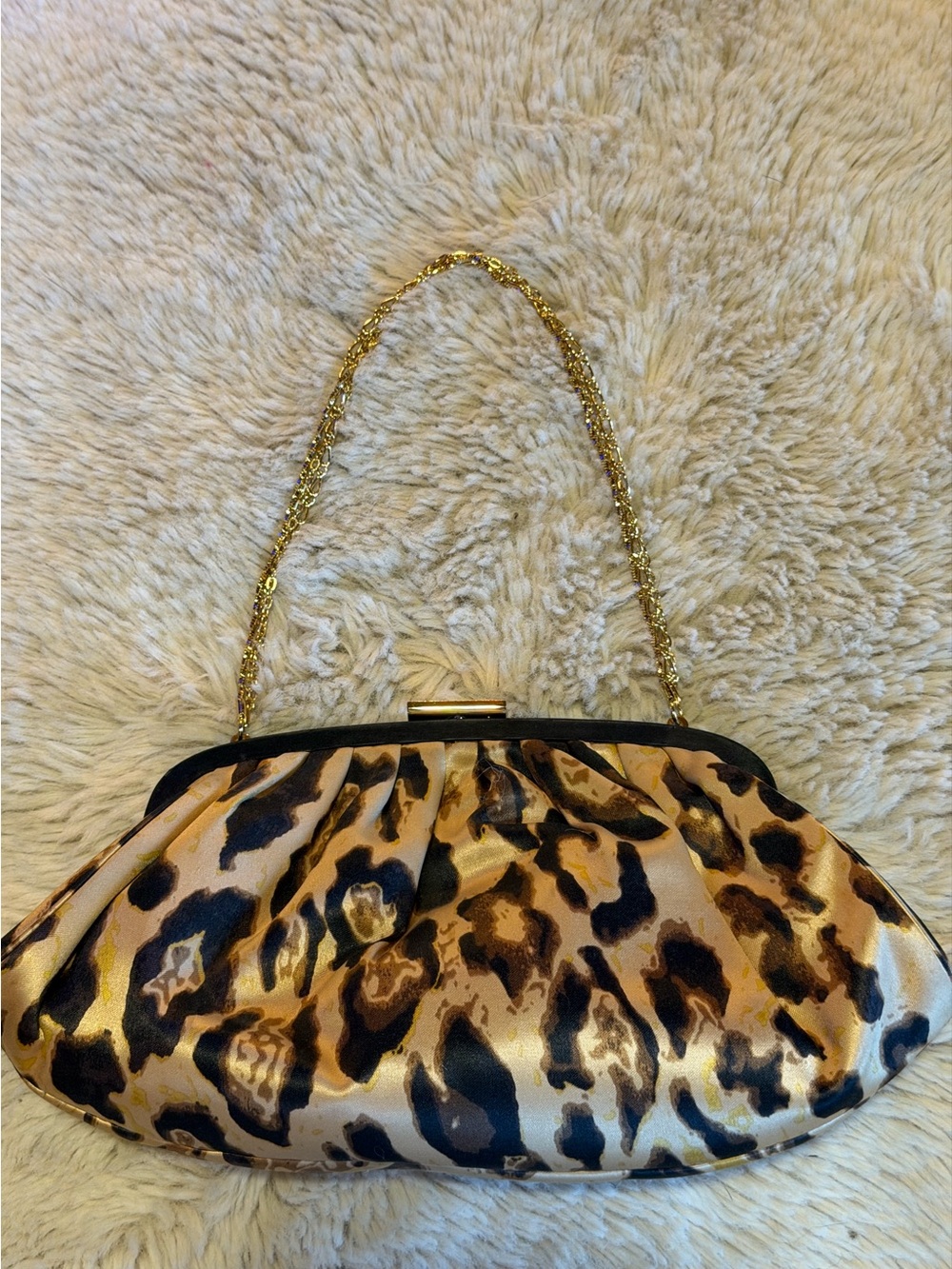 Leopard Print Satin Evening Clutch with Gold Chain